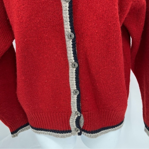 Vintage Code Bleu Womens 100% Shetland Wool Cardigan Red Grandpa Classic Trim - Picture 3 of 7